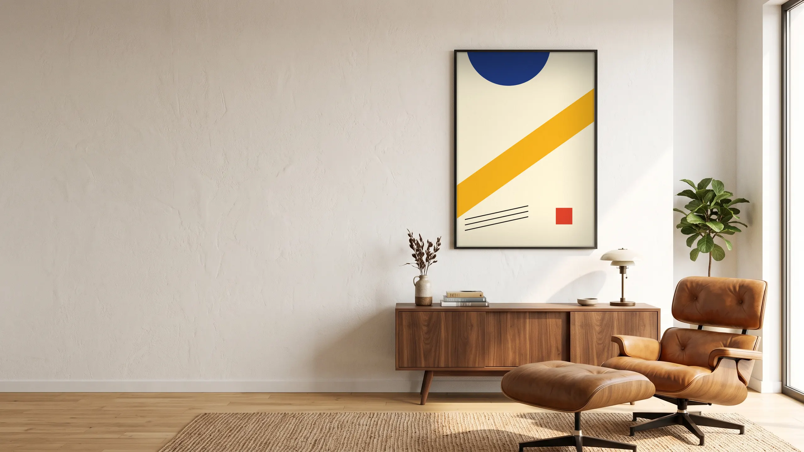 Geometric print framed in a mid century room